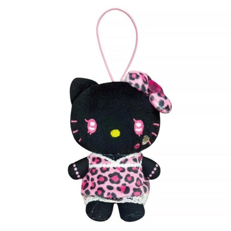 A plush keychain of a black Hello Kitty styled in "Gal" fashion, wearing a pink leopard print dress with lace trim and a matching bow. The plush features pink heart-shaped eyes, a yellow nose, and a small pink elastic loop for hanging.