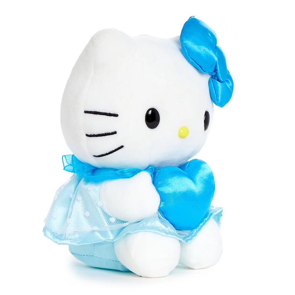 Hello Kitty is holding blue heart and blue bow and dress on a white background