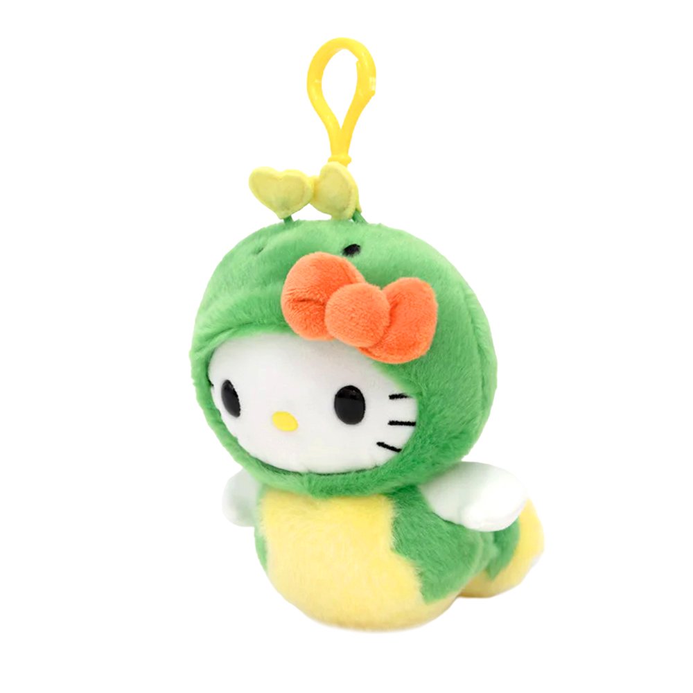 An officially licensed Hello Kitty plush keychain featuring Hello Kitty in a green and yellow caterpillar costume with an orange bow and heart-shaped antennae.