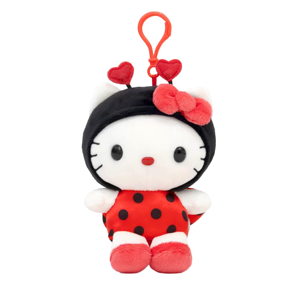 An officially licensed Hello Kitty plush keychain featuring Hello Kitty in a red ladybug costume with black polka dots. She is wearing a black hood with two red heart-shaped antennae and her signature red bow.