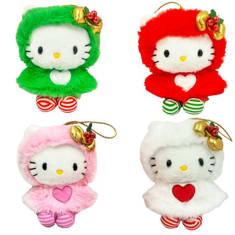 Collectible Sanrio Hello Kitty bag charms or Christmas ornaments featuring four different furry cape designs, perfect for holiday decorating and accessorizing.