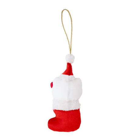 Sanrio Hello Kitty is dressed for the season wearing a red Santa hat with a white pom-pom while sporting his signature red bow. She sits snugly in a red Christmas stocking adorned with green holly leaves and a decorative ribbon. Crafted from soft plush material, this ornament has a cozy, huggable feel. The attached gold cord loop makes it easy to hang on your Christmas tree.