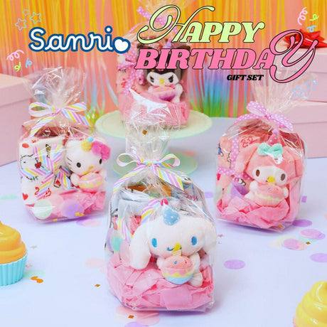 A collection of Sanrio Happy Birthday themed gift sets, each containing various colorful items such as plush keychains and socks, all packaged in clear gift bags with pink ribbons.