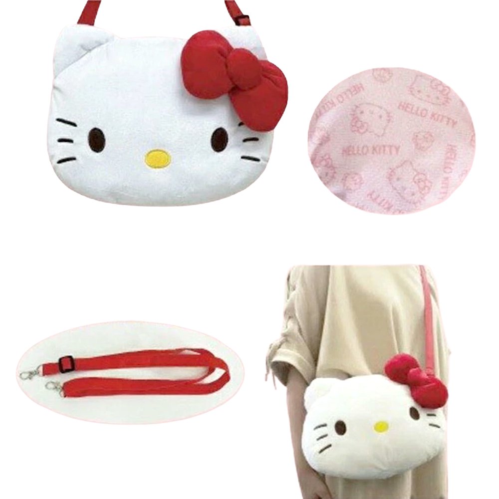 An officially licensed Sanrio Hello Kitty white plush shoulder bag with a red strap and signature red bow, shown from both the front and back view alongside a close-up of its pink patterned interior lining
