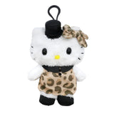 Officially licensed Sanrio Hello Kitty plush keychain featuring Hello Kitty in a leopard-print dress with a black collar, a small black top hat with lace trim, a matching leopard-print bow, and black shoes