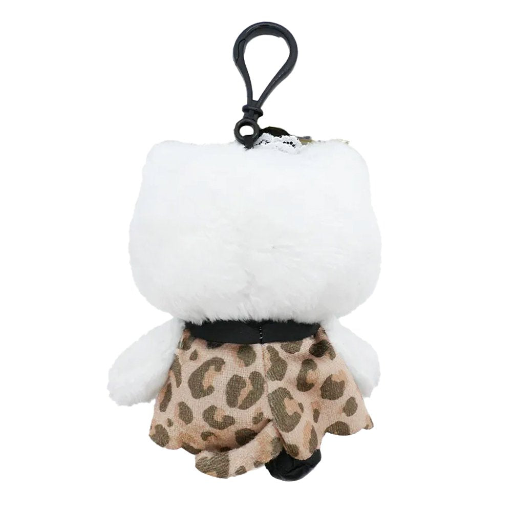 Officially licensed Sanrio Hello Kitty plush keychain featuring Hello Kitty in a leopard-print dress with a black collar, a small black top hat with lace trim, a matching leopard-print bow, and black shoes