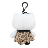 Officially licensed Sanrio Hello Kitty plush keychain featuring Hello Kitty in a leopard-print dress with a black collar, a small black top hat with lace trim, a matching leopard-print bow, and black shoes