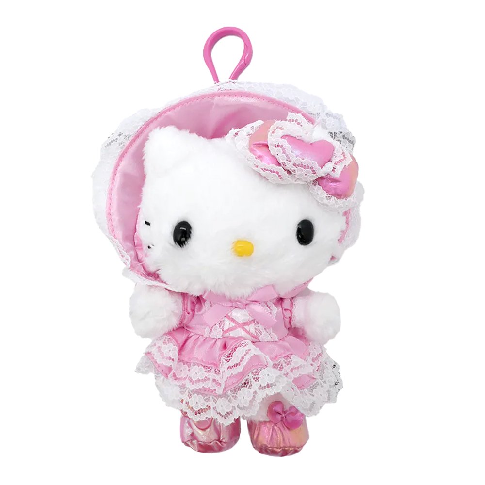 An officially licensed Sanrio Hello Kitty plush keychain wearing a pink Lolita-style dress and bonnet with white lace trim, featuring a pink heart bow and metallic pink shoes
