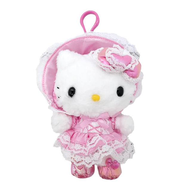 An officially licensed Sanrio Hello Kitty plush keychain wearing a pink Lolita-style dress and bonnet with white lace trim, featuring a pink heart bow and metallic pink shoes