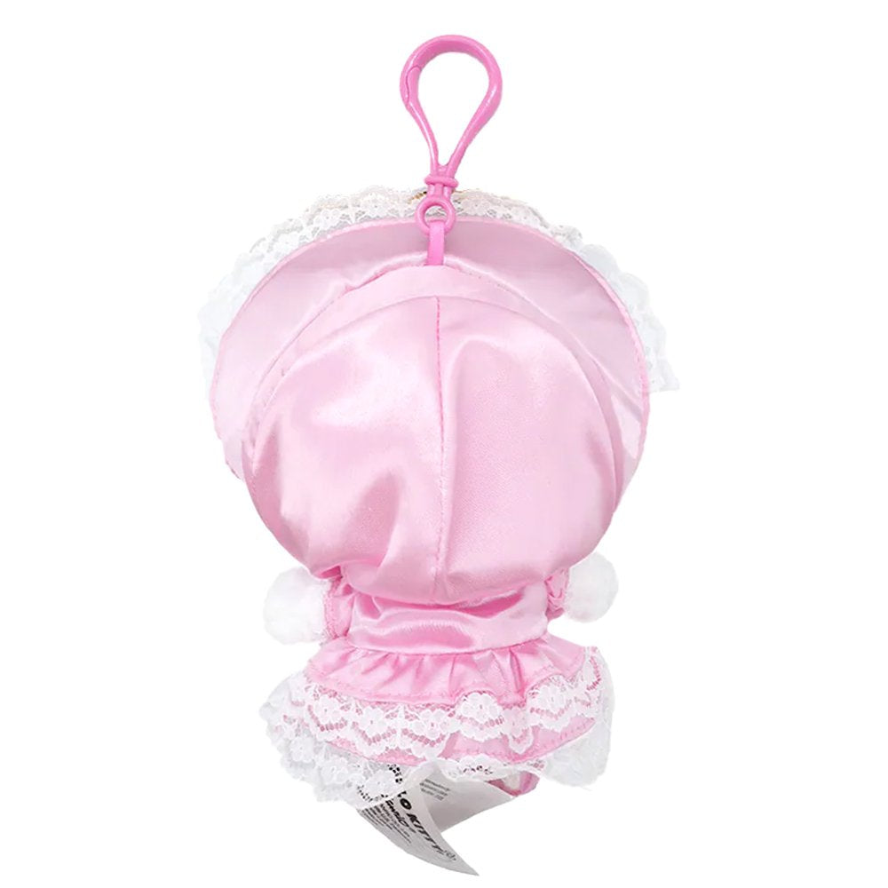 An officially licensed Sanrio Hello Kitty plush keychain wearing a pink Lolita-style dress and bonnet with white lace trim, featuring a pink heart bow and metallic pink shoes
