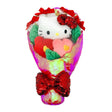 An officially licensed Sanrio Hello Kitty plush bouquet featuring a white plush character head and colorful flowers wrapped in shimmering iridescent fabric. The bouquet is finished with a large, sparkling red sequined bow at the base for a festive touch.