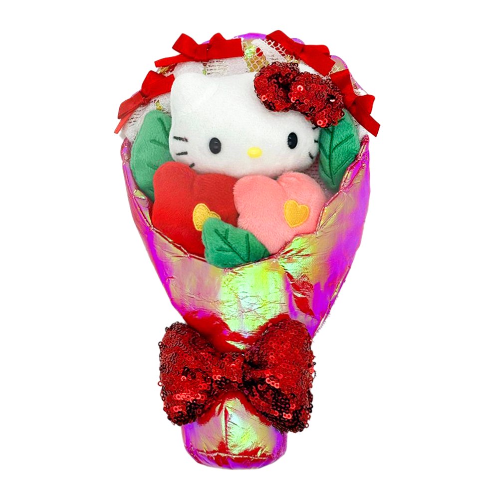 An officially licensed Sanrio Hello Kitty plush bouquet featuring a white plush character head and colorful flowers wrapped in shimmering iridescent fabric. The bouquet is finished with a large, sparkling red sequined bow at the base for a festive touch.