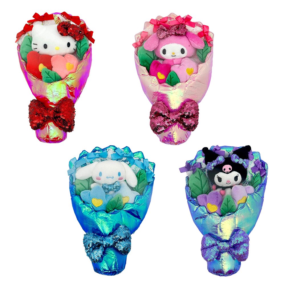 An officially licensed Sanrio Hello Kitty plush bouquet featuring a white plush character head and colorful flowers wrapped in shimmering iridescent fabric. The bouquet is finished with a large, sparkling red sequined bow at the base for a festive touch.