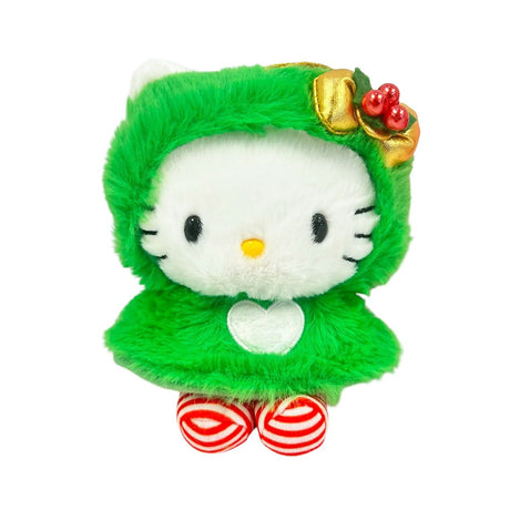 Collectible Sanrio Hello Kitty bag charms or Christmas ornaments featuring four different furry festive green cape designs, perfect for holiday decorating and accessorizing.