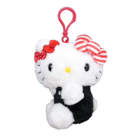 Officially licensed Hello Kitty plush keychain in a black outfit, featuring three stacked bows: one solid red, one red-and-white polka dot, and one large red-and-white striped bow.