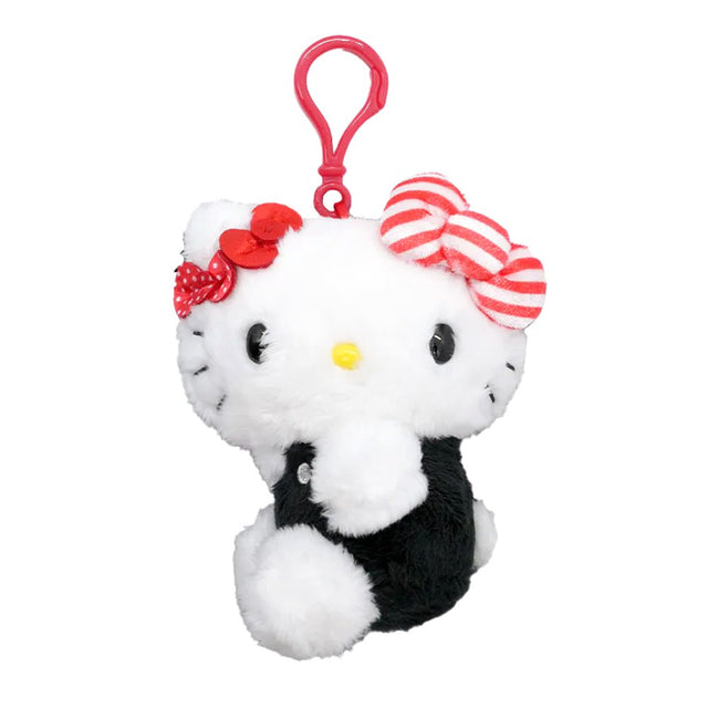 Officially licensed Hello Kitty plush keychain in a black outfit, featuring three stacked bows: one solid red, one red-and-white polka dot, and one large red-and-white striped bow.