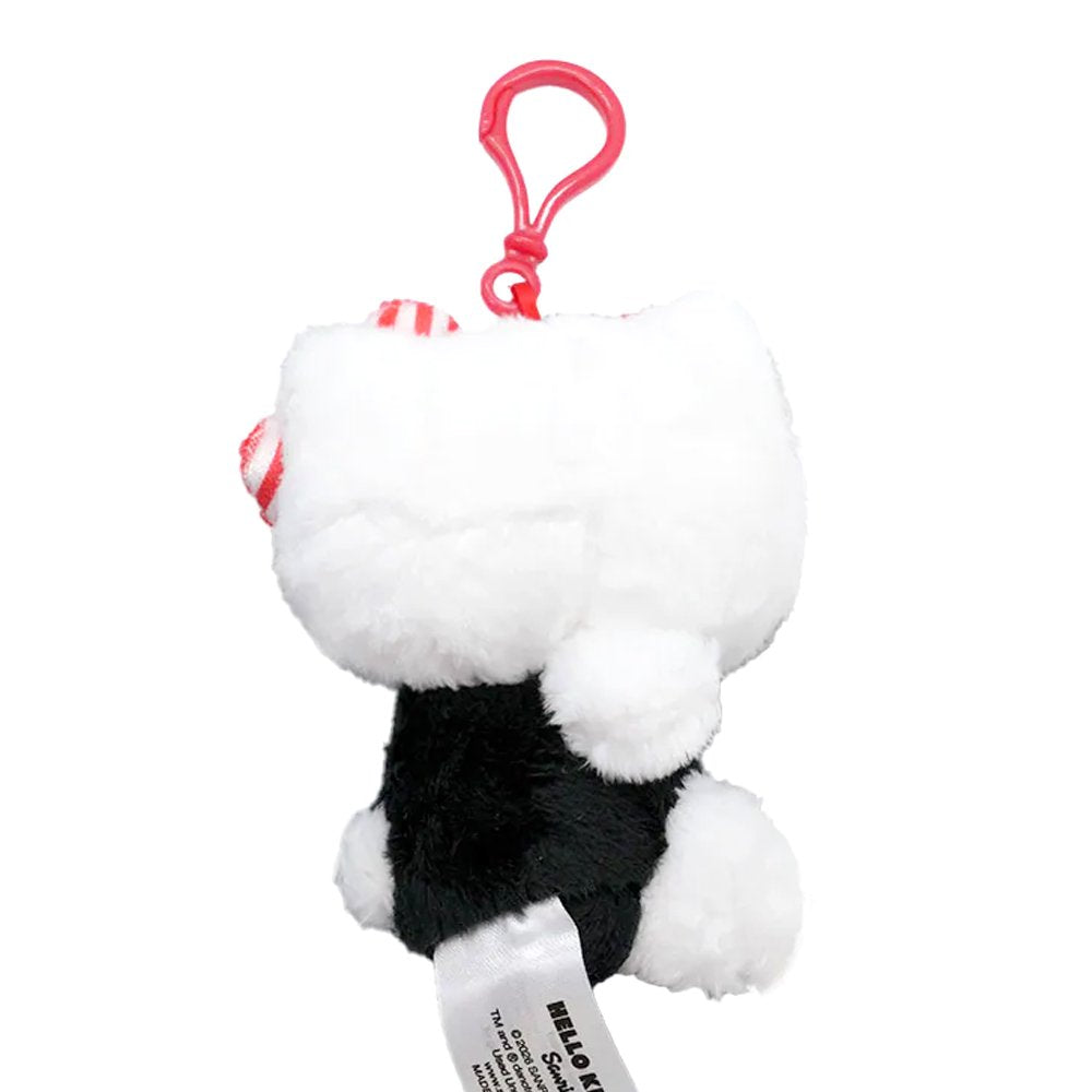 Officially licensed Hello Kitty plush keychain in a black outfit, featuring three stacked bows: one solid red, one red-and-white polka dot, and one large red-and-white striped bow.