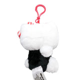 Officially licensed Hello Kitty plush keychain in a black outfit, featuring three stacked bows: one solid red, one red-and-white polka dot, and one large red-and-white striped bow.