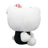 Officially licensed Hello Kitty plush toy in a black outfit, featuring three stacked bows: one solid red, one red-and-white polka dot, and one large red-and-white striped bow.