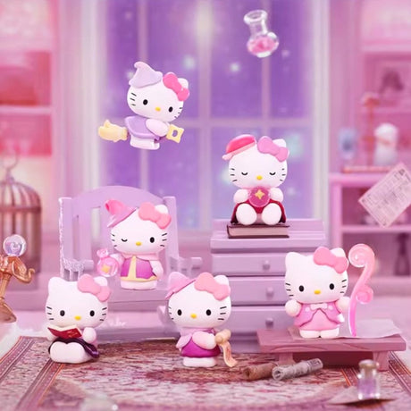 An officially licensed Sanrio collection of Hello Kitty figures in a magical theme, featuring 12 different designs of Hello Kitty dressed as a witch or wizard.