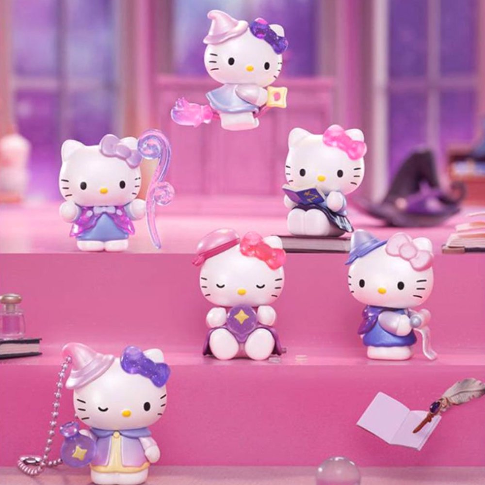 An officially licensed Sanrio collection of Hello Kitty figures in a magical theme, featuring 12 different designs of Hello Kitty dressed as a witch or wizard.
