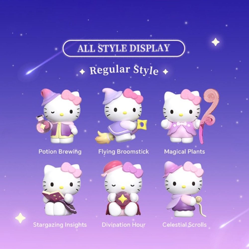 An officially licensed Sanrio collection of Hello Kitty figures in a magical theme, featuring 12 different designs of Hello Kitty dressed as a witch or wizard.