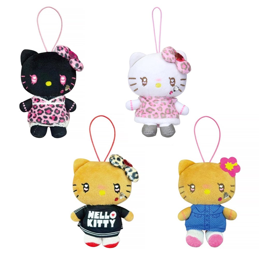 An officially licensed Sanrio collection of plush keychains of Hello Kitty styled in "Gal" fashion, featuring heart-shaped eyes and a small elastic loop for hanging.