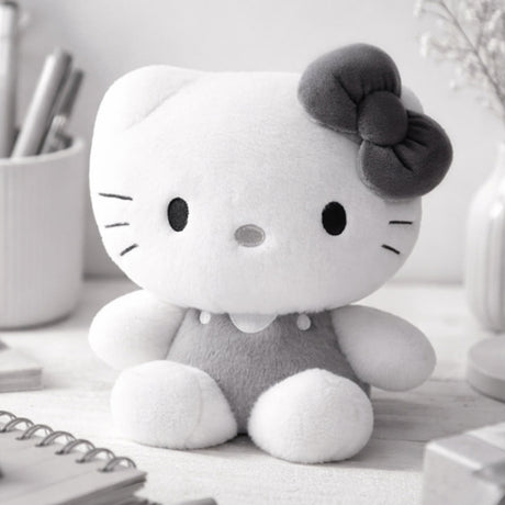 An officially licensed Sanrio Hello Kitty plush doll dressed in a grey outfit with a matching dark grey hair bow