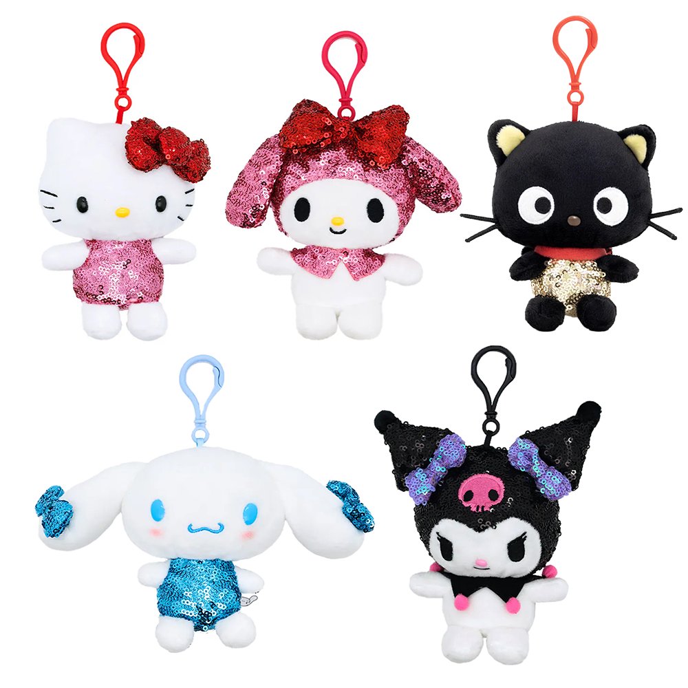 An officially licensed Sanrio collection of Spangle edition plush keychain, including Hello Kitty, My Melody, Cinnamoroll, Kuromi, and Chococat, each in a sequined outfit and accessories.