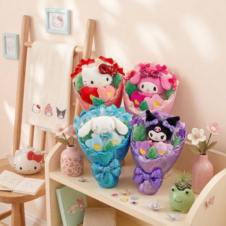 An officially licensed Sanrio Hello Kitty, My Melody, Cinnamoroll, Kuromi plush bouquets, each featuring a plush character head and colorful flowers wrapped in shimmering iridescent fabric. The bouquet is finished with a large, sparkling sequined bow at the base for a festive touch.