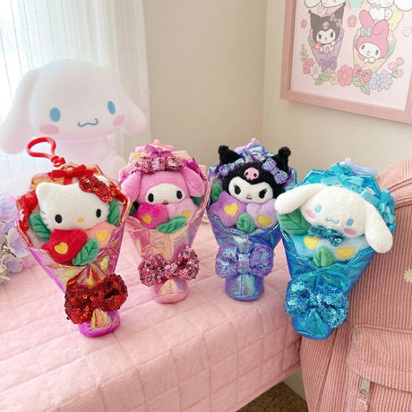 An officially licensed Sanrio collection of Hello Kitty, My Melody, Cinnamoroll, Kuromi plush bouquet keychains, each featuring a plush character head and colorful flowers wrapped in shimmering iridescent fabric. The bouquet is finished with a large, sparkling sequined bow at the base for a festive touch.