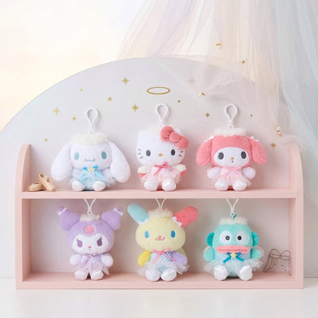 An officially licensed Sanrio characters Hello Kitty My Melody Cinnamoroll Kuromi Hangyodon Usahana plush keychain featuring each character in a pastel ballerina outfit with a polka-dot bodice, a sheer tulle tutu, and soft white angel wings.