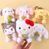 An officially licensed Sanrio collection of six shaggy-textured plush keychains including Hello Kitty, My Melody, Kuromi, Cinnamoroll, Pochacco, and Pompompurin, each holding a chocolate chip cookie. They are shown together with their respective heart-shaped clips.
