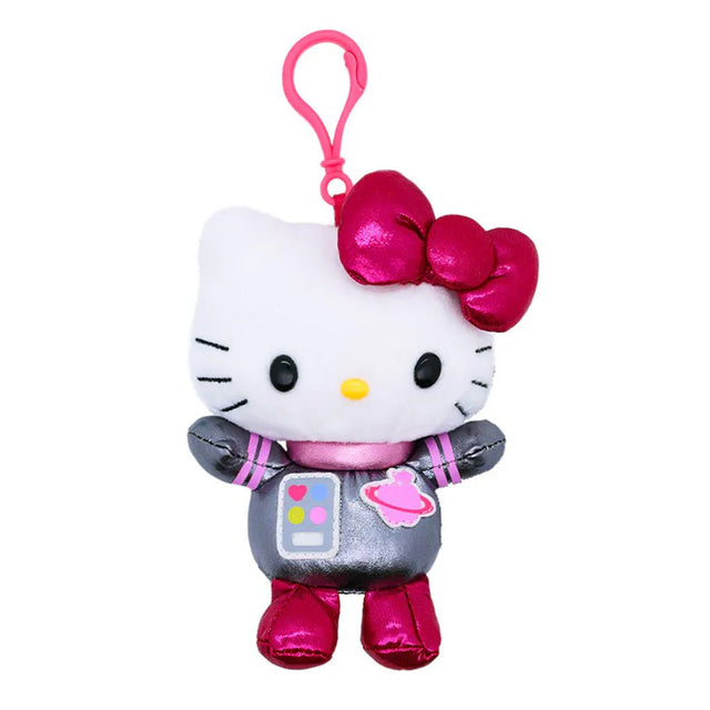 An officially licensed Hello Kitty plush keychain dressed as an astronaut in a metallic silver space suit with pink accents, a pink planetary patch, and a metallic pink bow.
