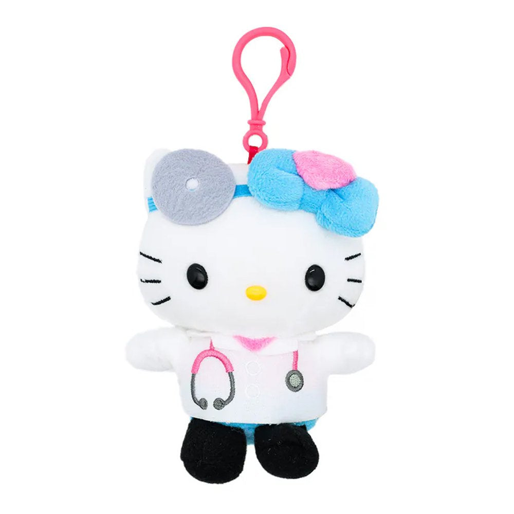An officially licensed Hello Kitty plush keychain wearing a white doctor's lab coat with a pink stethoscope, a grey head mirror, and a blue bow.