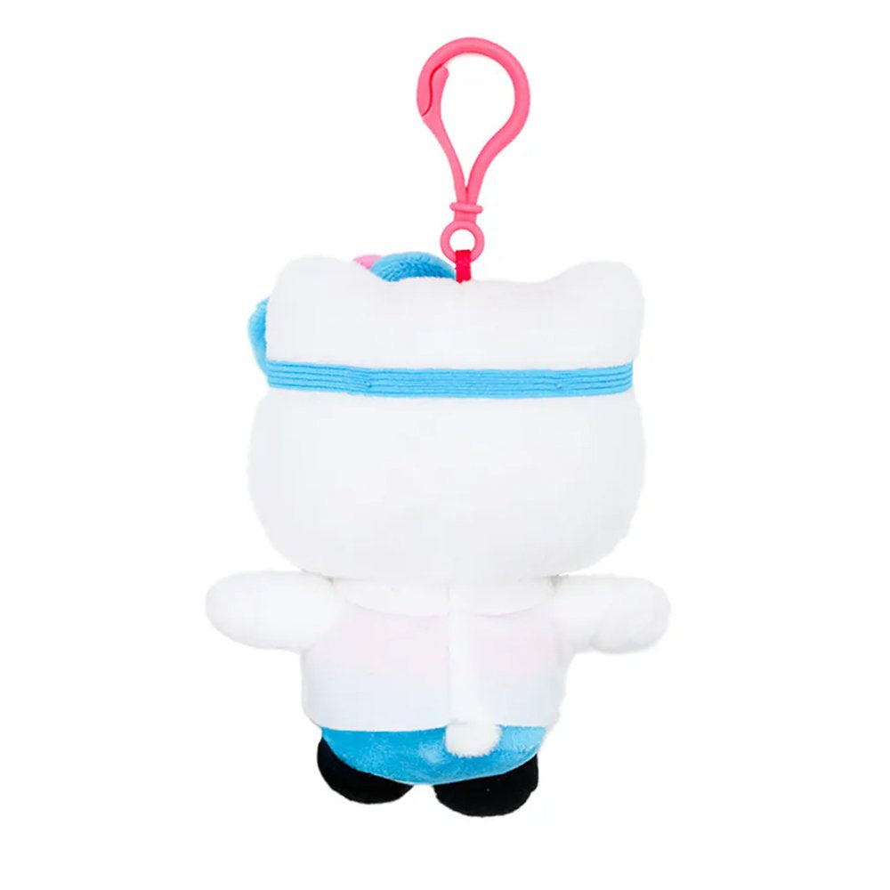 An officially licensed Hello Kitty plush keychain wearing a white doctor's lab coat with a pink stethoscope, a grey head mirror, and a blue bow.