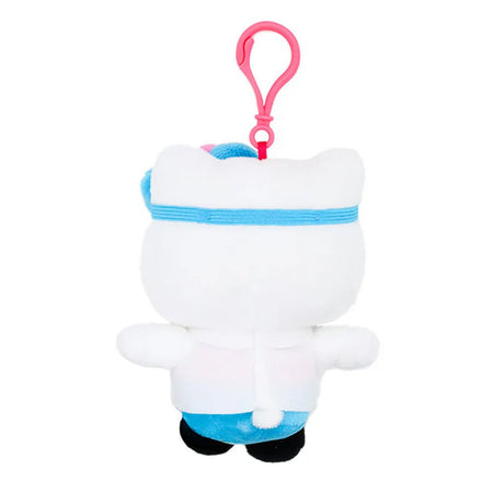 An officially licensed Hello Kitty plush keychain wearing a white doctor's lab coat with a pink stethoscope, a grey head mirror, and a blue bow.