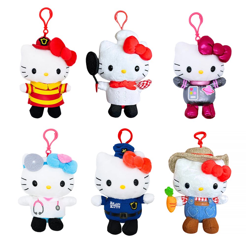 An officially licensed Sanrio collection of Hello Kitty Occupations plush keychains dressed as a firefighter, chef, astronaut, doctor, policeman, and farmer, each with a clip-on attached to the top.