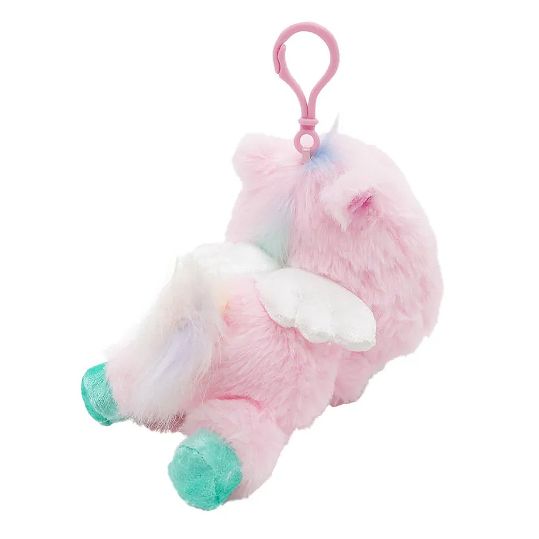 Officially licensed Hello Kitty bag clip  plush doll wearing a Pegasus custume a super soft, fluffy pink costume. Features shimmering pastel colors, glittery wings, and a gorgeous rainbow tail, making it a must-have fantasy friend.. Perfect size to attach to your backpack, bag, purse, car, or pants. Ideal collectible toy for fans and Sanrio enthusiasts.
