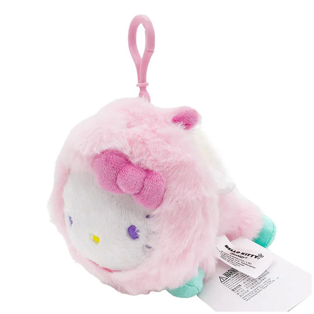 Officially licensed Hello Kitty bag clip  plush doll wearing a Pegasus custume a super soft, fluffy pink costume. Features shimmering pastel colors, glittery wings, and a gorgeous rainbow tail, making it a must-have fantasy friend.. Perfect size to attach to your backpack, bag, purse, car, or pants. Ideal collectible toy for fans and Sanrio enthusiasts.
