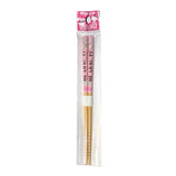 A pair of officially licensed Sanrio Hello Kitty bamboo chopsticks sealed in clear plastic packaging, featuring a pink upper handle decorated with Hello Kitty characters and text, and grooved tips at the bottom.