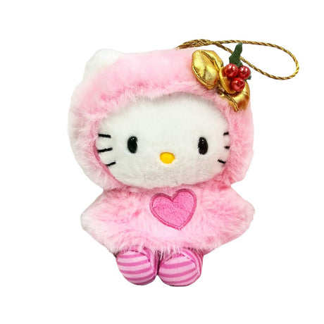 Collectible Sanrio Hello Kitty bag charms or Christmas ornaments featuring four different furry sweet pink cape designs, perfect for holiday decorating and accessorizing.