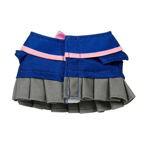 A Sanrio Pitatto Friends M-size doll outfit called the "School Uniform Set" displayed on a pink polka-dot card. The outfit consists of a navy blue blazer with a large pink bow and a Hello Kitty heart badge, a grey pleated skirt, and a pair of white socks. An inset image in the top left corner shows a Hello Kitty plush wearing the complete uniform.