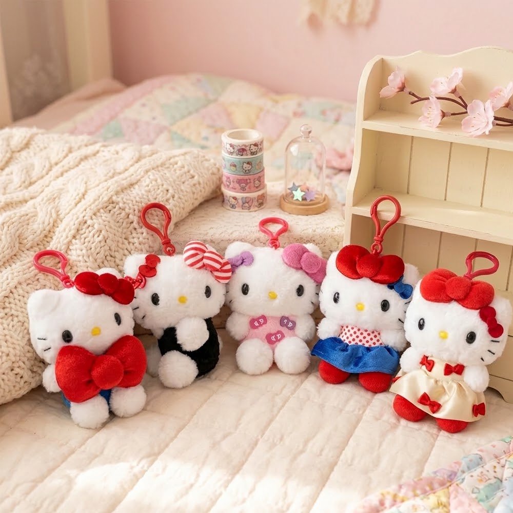 Five officially licensed Sanrio collection of Hello Kitty Ribbon plush keychains in various colorful outfits. Each plush features a different bow and dress style with a plastic clip attached to the top.