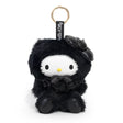 Officially Licensed Sanrio Hello Kitty Plushie Pops Noir Plush Bag Charm Stuffed Animal Toy in monochromatic black fur with matching oversized satin head bow and neck bow tie, perfect Christmas gift, holiday present, and stocking stuffer for goth aesthetic fans