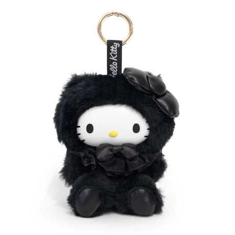 Officially Licensed Sanrio Hello Kitty Plushie Pops Noir Plush Bag Charm Stuffed Animal Toy in monochromatic black fur with matching oversized satin head bow and neck bow tie, perfect Christmas gift, holiday present, and stocking stuffer for goth aesthetic fans