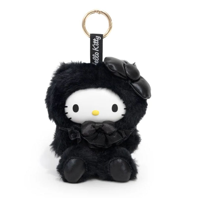 Officially Licensed Sanrio Hello Kitty Plushie Pops Noir Plush Bag Charm Stuffed Animal Toy in monochromatic black fur with matching oversized satin head bow and neck bow tie, perfect Christmas gift, holiday present, and stocking stuffer for goth aesthetic fans