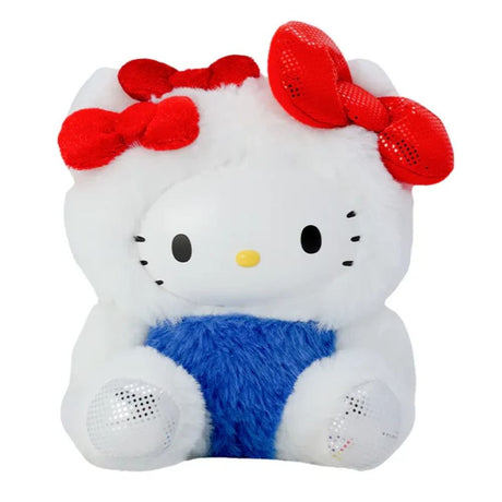 Officially Licensed Sanrio Hello Kitty Plushie Pops Red Ribbon 6 Inch Plush Stuffed Animal Toy featuring multiple shiny red bows, blue overalls, and metallic paws, perfect Christmas gift, holiday present, and stocking stuffer for Sanrio fans