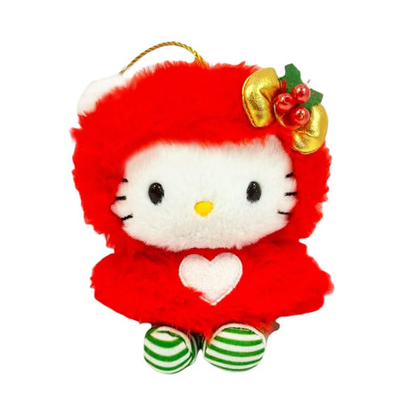 Collectible Sanrio Hello Kitty bag charms or Christmas ornaments featuring four different furry classic red cape designs, perfect for holiday decorating and accessorizing.