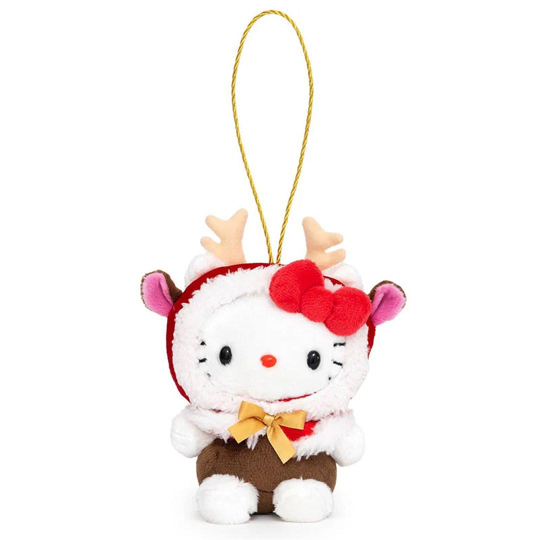 Hello Kitty Plush Ornament in a reindeer costume with a red hat and yellow ribbon on a white background. She's perfect for Christmas tree ornament decoration, displaying, bag decoration or gifting Christmas to Sanrio fans of all ages.